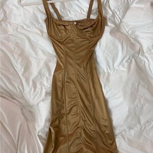 Aritzia Satin-Look Midi Slip Dress in Caramel